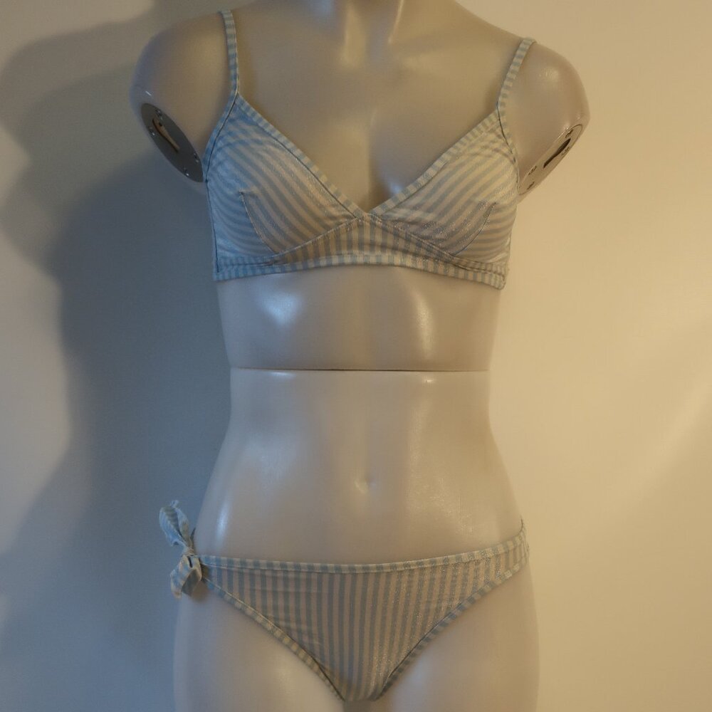 Womensr Tomas Maier Blue White Iridescent Striped 2pc Swimsuit Bikini 40 US/M *